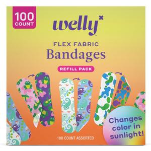 Welly Bandage Color Changing Refill Pack | Adhesive Flexible Fabric Bandages | Assorted Shapes and Patterns for Minor Cuts, Scrapes, and Wounds - 100 Count
