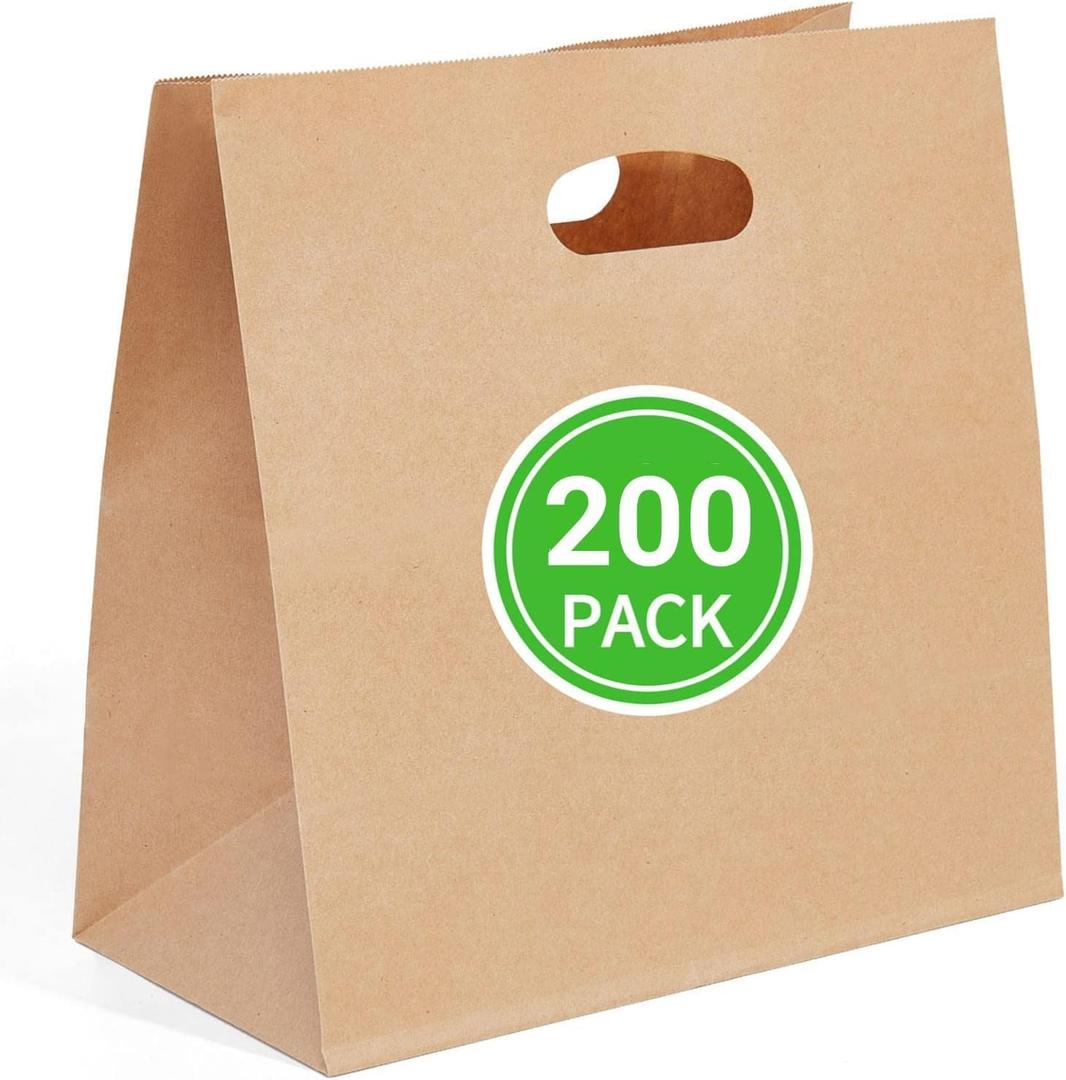 PAICUIKE 200Pcs 11x6x11 Brown Kraft Paper Bags with Handle - Tote Grocery Bags Bulk for Restaurant, Bakery, Retail, Takeout