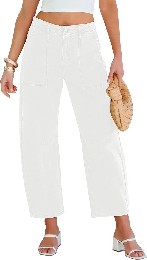 GRAPENT Barrel Jeans for Women High Waisted Trendy Wide Leg Baggy Ankle Length Stretchy Denim Trouser Jeans with Pockets (Size Medium, Cream White)