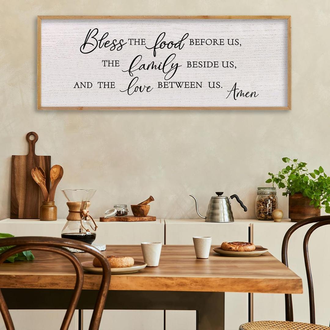 LuZhiQiang Bless the Food Before Us, the Family Beside Us, and the Love between Us Dining Room Wall Decor, 40" X 15" Religious Rustic Bible Verse for Kitchen Sign Wall Art (Wood)