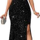 Cololura Women Sexy Elegant Sequin High Split Ruffled Hem Mermaid Party Cocktail Bodycon Formal Evening Gowns Maxi Dress (Large, Black-1)