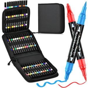 48 Colors Dual Tip Acrylic Paint Marker Pens, with Portable Bag Design, Both Brush Tip and Round Tip with Laser Pen Body Professional for Wood, Canvas, Rock Painting, Glass, DIY Crafts Art Supplies
