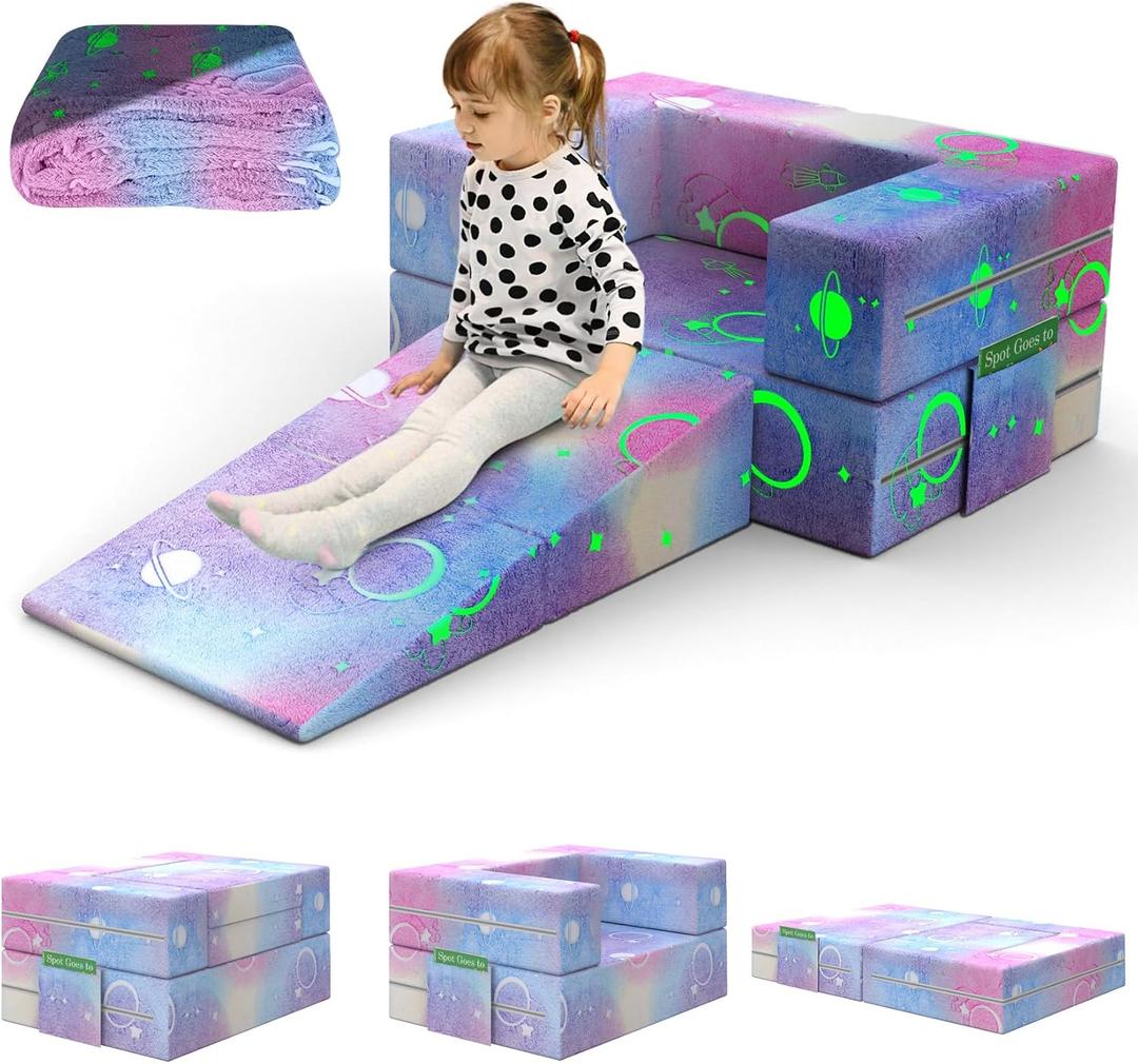 Kids Couch with Blanket, 3-in-1 Luminous Kids Couches and Sofas Fold Out, Convertible Sofa to Playful Slide for Girls and Boys, Extra Softer Kids Sofa Chair for Bedroom Playroom