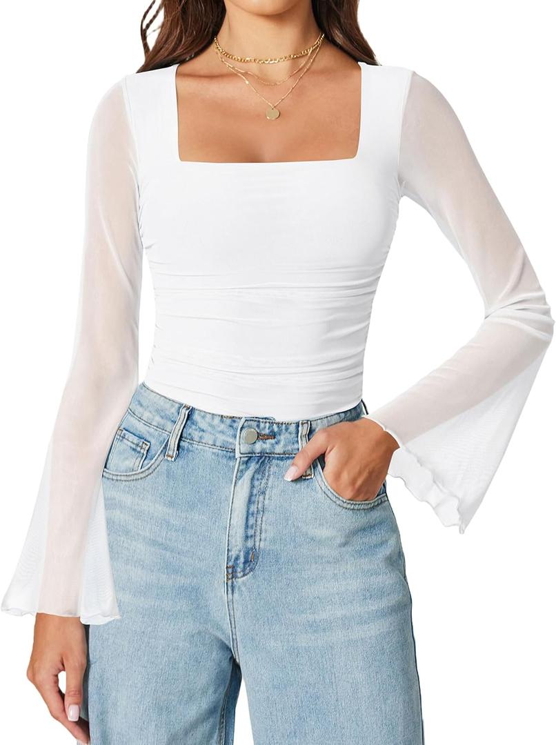 Avidlove Bodysuits for Women Long Bell Sleeve Mesh Square Neck Body Suits Going Out Tops Country Concert Outfits (Large, White)