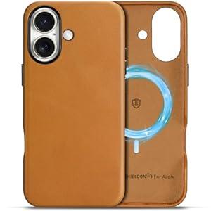SHIELDON Case for iPhone 16, Genuine Leather Magnetic Wireless Charging Slim Fit Elegant Non-Slip Shockproof Protective Phone Cover with Metal Buttons Compatible with iPhone 16 - Retro Light Brown