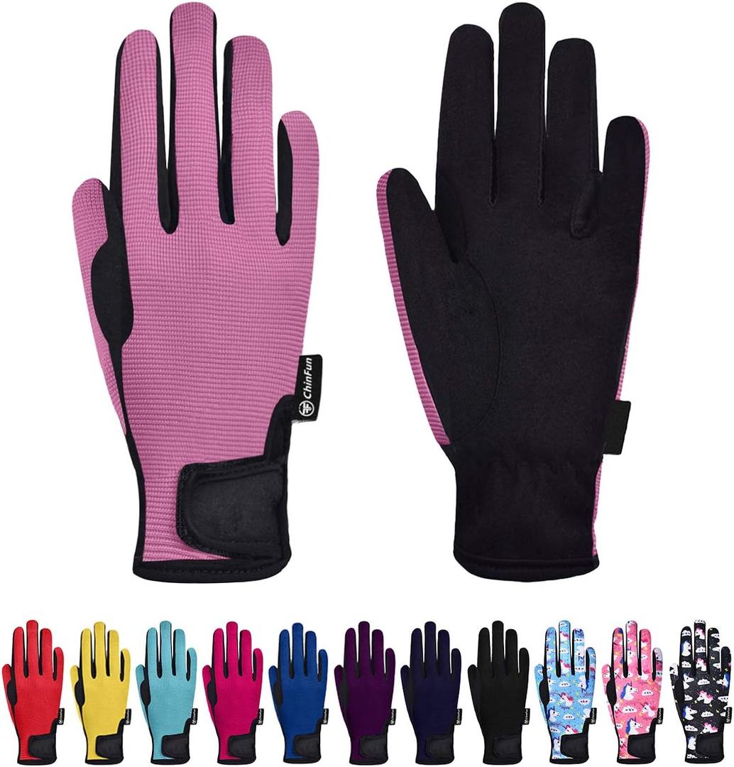 ChinFun Horse Riding Glove Equestrian Gloves Kids for Boys Girls Horseback Riding Gloves Grip for Youth Children Riding Sports Biking Cycling Gardening (L (Age 10-12), Pink)