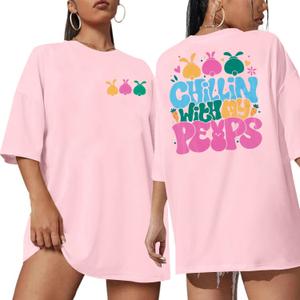 Easter Shirts Women Chillin' with My Peeps Shirt Oversized Cute Bunny Graphic Shirt Happy Easter Rabbit Short Sleeve Tee Tops, M