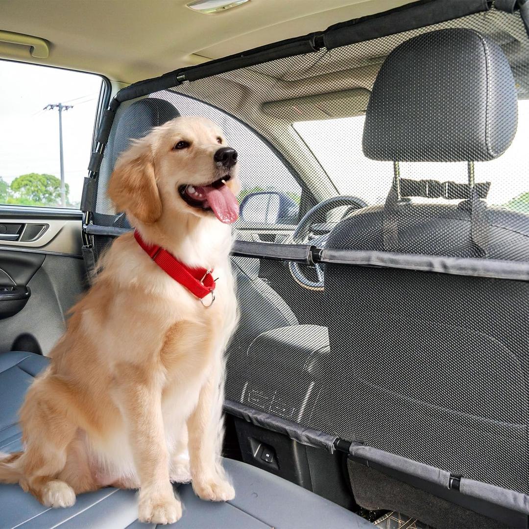 Dog Car Barrier Escape-Proof, 56" Wide Divider for 2nd 3rd Row Seats & Cargo Area, Durable Back Seat Gate Trunk Barrier with See Through Net Mesh for Trucks, Large SUV & Full Sized Vehicles