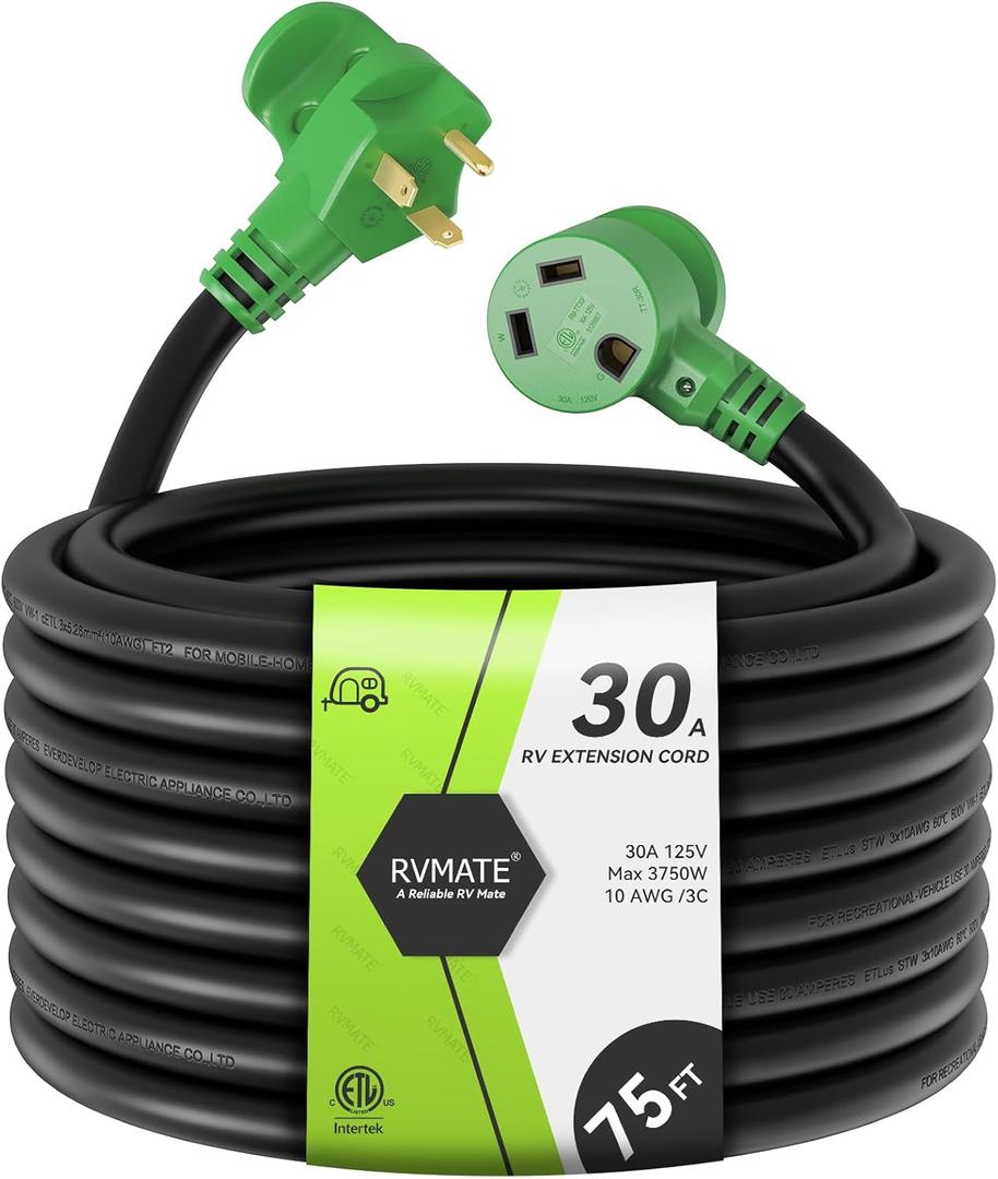 RVMATE 30 Amp 75 Feet RV Power Extension Cord with Easy Plug-in Handle, TT-30P to TT-30R, LED Indicator, 10 AWG, ETL Listed