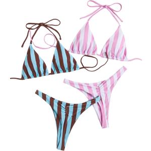 RoseSeek 2 Pack Leopard Print Bikini Sets Halter Triangle Top Brazilian Bottom Animal Print Swimwear Bundle (Medium, Pink White and Blue)