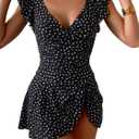 Aidonger One Piece Swimdress Tummy Control Ruffle Swimsuit for Women Tie Knot Swim Dresses V Neck Bathing Suit Skirt XL