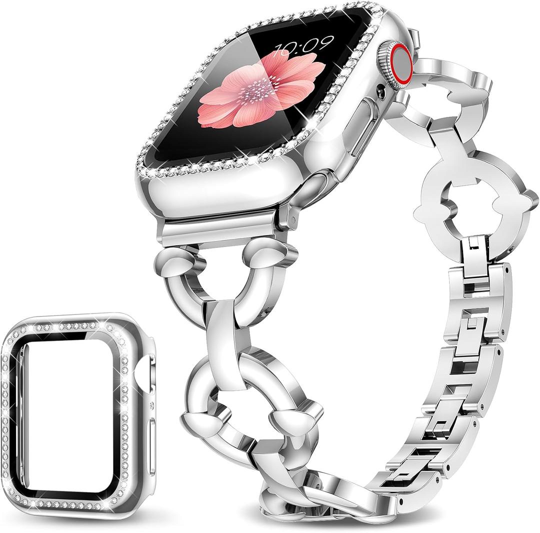 Compatible with Apple Watch Band 38mm 40mm 41mm 42mm 44mm 45mm 46mm, Women Bling Jewelry Bands with Tempered Glass Screen Protector Case, Shiny Strap for iWatch Series 11/10/9/8/7/6/5/4/3/2/1/SE
