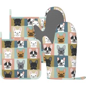 Fun Dog French Bulldog Oven Mitts And Pot Holders Sets, 4pcs Silicone Non-Slip Kitchen Mitts Potholders Heat Resistant Bbq Gloves Hot Pads For Cooking Grilling Baking Microwave Chef Gifts Decor (6)