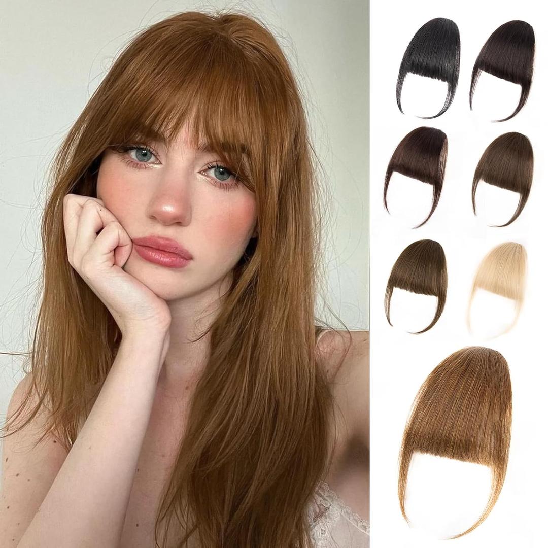 Clip in Bangs  100% Real Human Hair Fringe with Temples, Light Auburn Brown Wispy Bangs Hair Clip Hairpiece for Women, Natural Look, Easy Trim & Secure BB Clips for Daily Wear