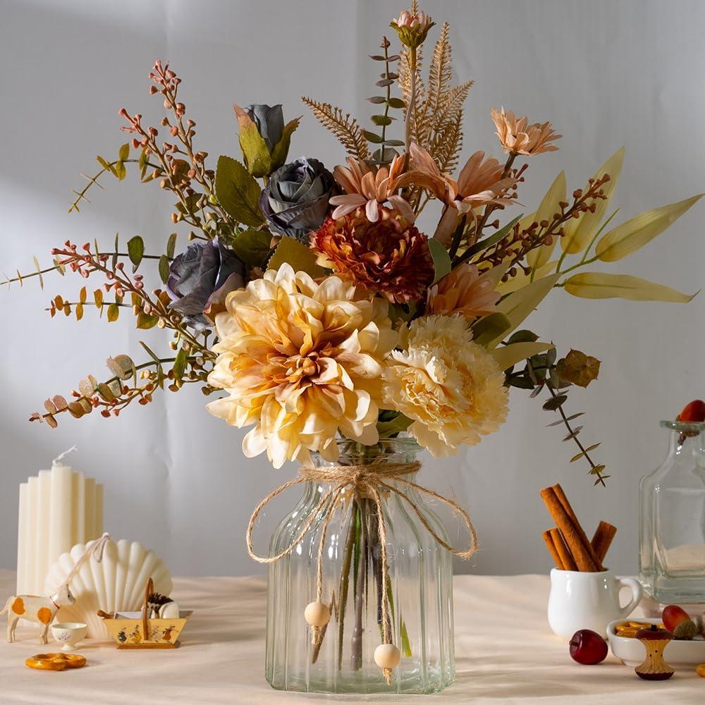 LESING Dahlia Flower Aritificial Flower with Vase Fake Silk Flowers in Glass Vase Faux Rose Flowers Arrangement for Home Office Table Centerpiece Decoration (Coffee)