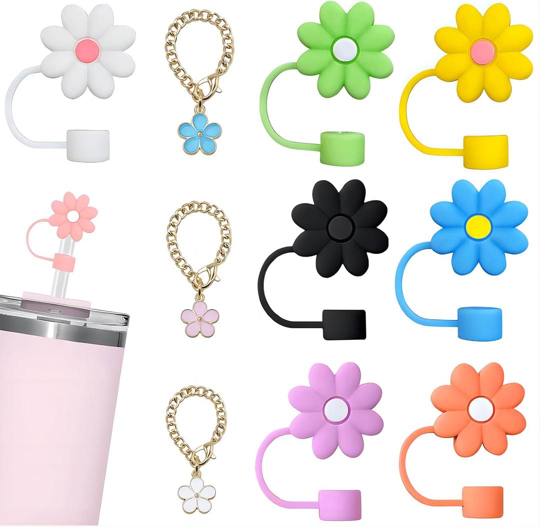 7 pcs Cute Flower Straw Covers for Stanley Cup, Girly Straw Toppers with 3 Floral Charms, Dust-Proof 10mm Lids for 30oz & 40oz Tumblers