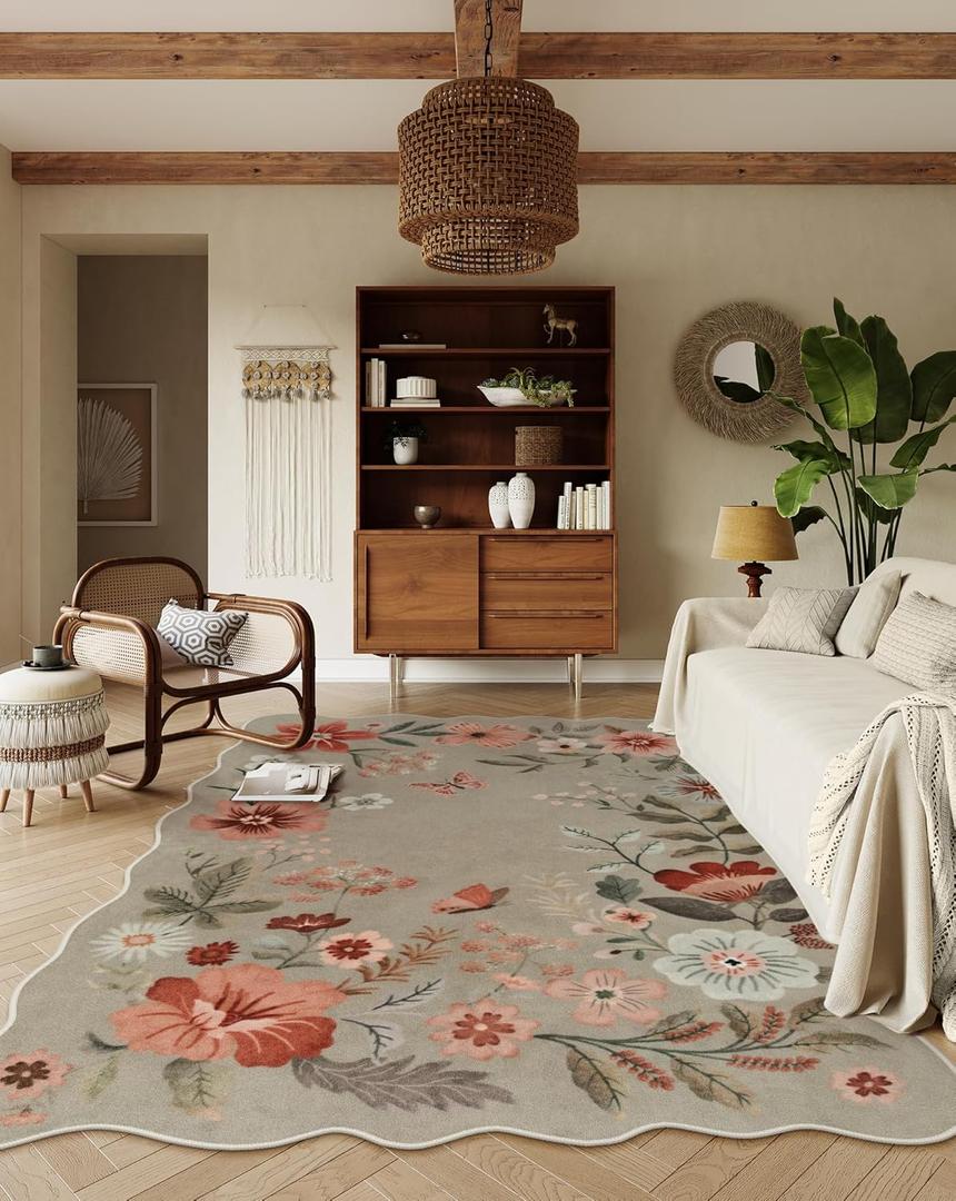 Lahome Floral Washable Rugs for Living Room, 5x7 Area Rugs Soft Non-Slip Stain Resistant Boho Low-Pile Throw Large Carpet for Bedroom Dining Room Office Flore, Brown