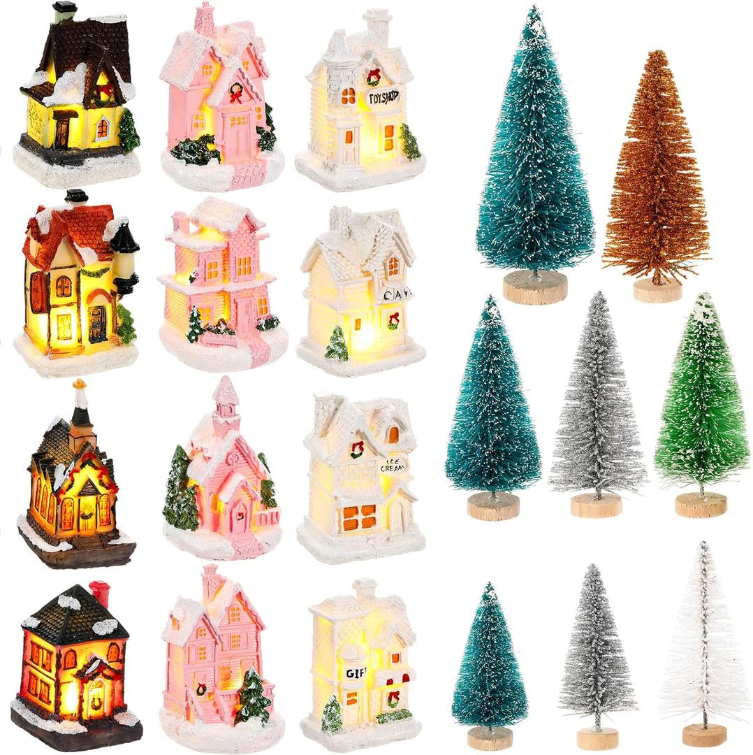 Kasyat 36 Pcs Christmas Village Houses Figurines Decoration Set 12 White Pink Lighted LED Christmas Village Houses with 24 Mini Xmas Trees 6 Color for Xmas Town Colorful Scene Desk Decor