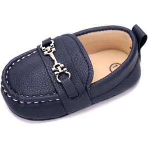 LONSOEN Baby Girls Boys Loafers Prewalker Dress Crib Shoes (Size 11, Deep Blue)