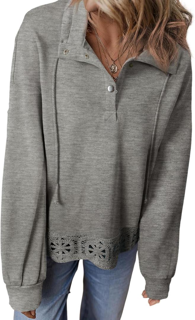 SHEWIN Women's Casual Long Sleeve Sweatshirt Lightweight Button Drawstring Pullover Tops (Gray, XL)