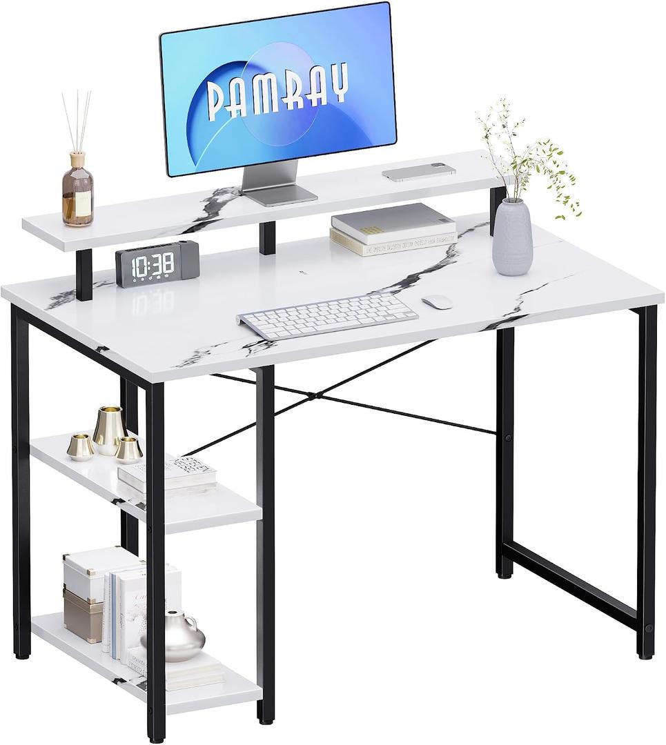 Pamray 33.5 Inch Small Computer Desk with Monitor Stand and Shelves
