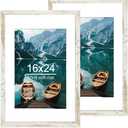 Hongkee 16x24 Frame Set of 2, Distressed White Wood Style - Display 16 x 24 Picture without Mat or 12x18 Picture with Mat, Wall Mounting Horizontal and Vertical