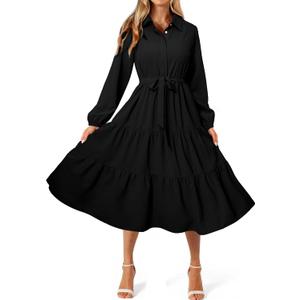 BerryGo Womens Long Sleeve Dresses 2026 Maxi Casual V Neck Belted Button Down Wedding Guest Shirt Dress with Pockets (Small, Black)