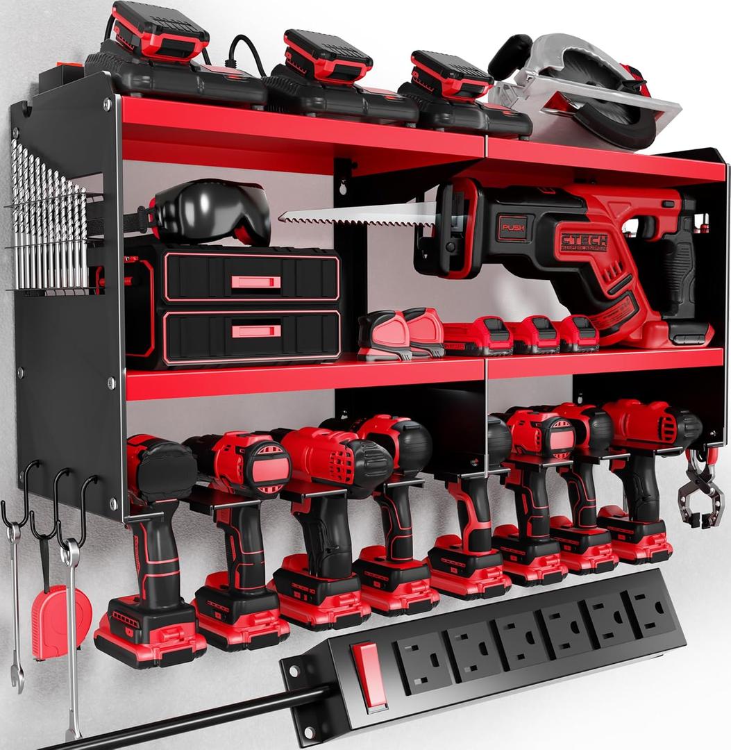 Power Tool Organizer Wall Mount with Charging Station, 15 Min Assembly & Maximum 420lbs Load by Heavy Duty Metal, 8 Slots for Cordless Drill, Tool Battery Holder with 6 Outlet Power Strip (Red)