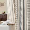 Grey Boho Shower Curtain for Bathroom,Beige Linen with Striped Print and Twine-Inspired Woven Center,72" W x 72" L