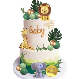 25 PCS Safari Animal Cake Toppers Jungle Wild Cake Decorations with Green Balls Plam Leaves for Wild Animals Themed Birthday Baby Shower Party Supplies