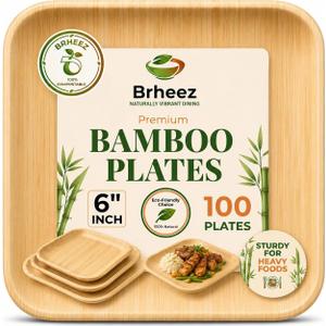 100 Ct (6 Inch) - Eco Friendly, Compostable & Biodegradable – Elegant Bamboo Look Disposable Party Plates are Heavy Duty and More Environmentally Friendly than Paper Plates, 6" Square