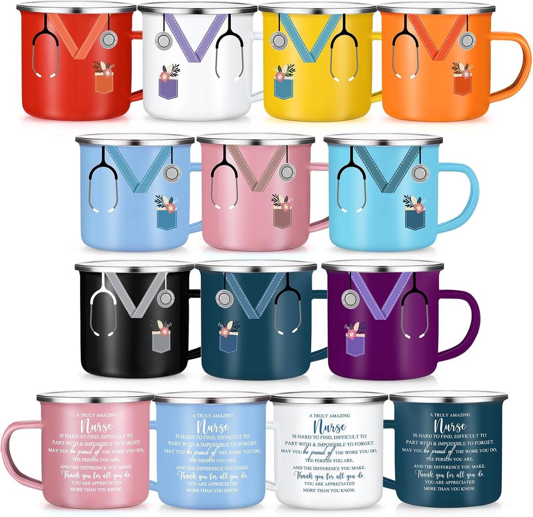 Hushee Nurse Appreciation Gifts Mug Bulk 12oz Coffee Mugs with Handle Motivational Cup Enamel Tumbler Nurse Practitioner Week Gift for Nursing Doctor Valentines Care Favor(Multicolor,10 Pcs)