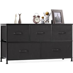 OLIXIS 5 Drawers Dresser for Bedroom, Fabric Storage Tower for Living Room, Entryway, Sturdy Steel Frame, Wooden Top & Easy Pull Fabric Bins
