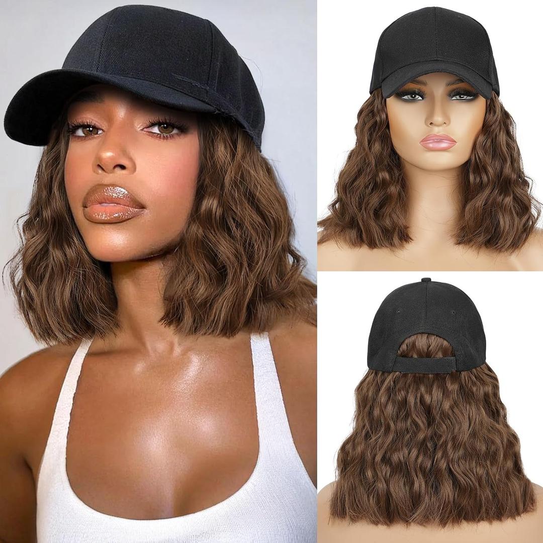 HANYUDIE Hat Wig for Women Wig Cap with Curly Hair Extensions Hat with Hair Wave Adjustable Baseball Cap Wigs (Chocolate brown)