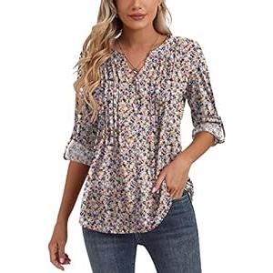 Bashafo 3/4 Sleeve Tops for Women V Neck Henley Long Sleeve Dressy Casual Shirts Ladies Loose Button-up Blouses Tunic (Small, Long Sleeve White Floral Black), L