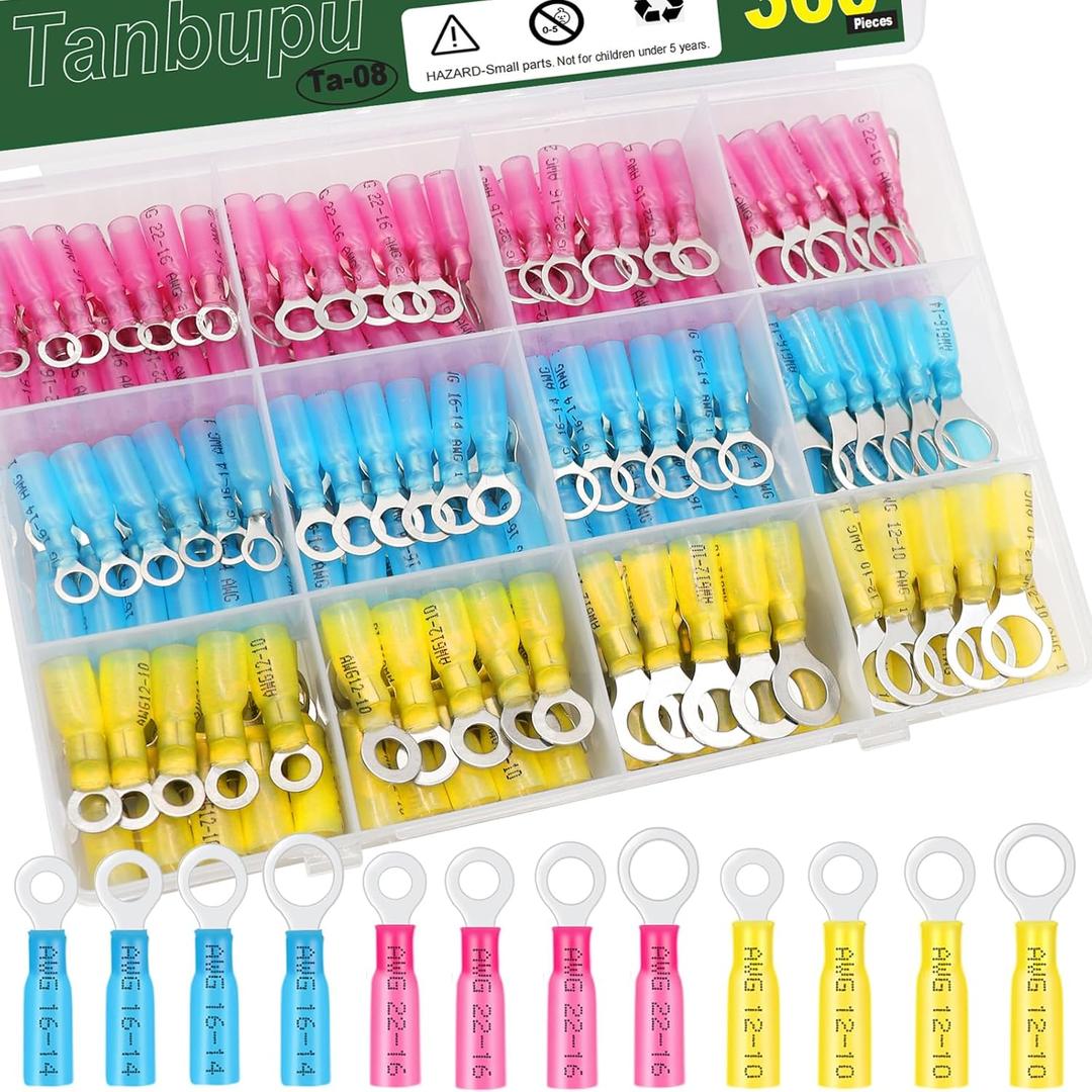 360Pcs Heat Shrink Ring Wire Connectors#10,1/4",5/16",3/8"(3 Colors/4 Sizes)12-10 16-14 22-16 Gauge Waterproof Automotive Marine Electrical Terminals KitInsulated Crimp Connector Assortment