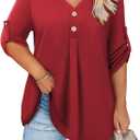 Siddhe Womens Plus Size Tops Button 3/4 Sleeve V Neck Blouses Dressy Casual Tunic Tops for Curvy Women Loose Fit XL-5XL (Red)