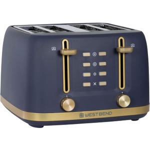 West Bend Timeless 4-Slice Toaster with 7 Browning Levels, Bagel/Waffle/Defrost Settings, High-Lift Lever, Anti-Jam, Easy-Clean Crumb Tray, 4-Slice, Blue/Gold