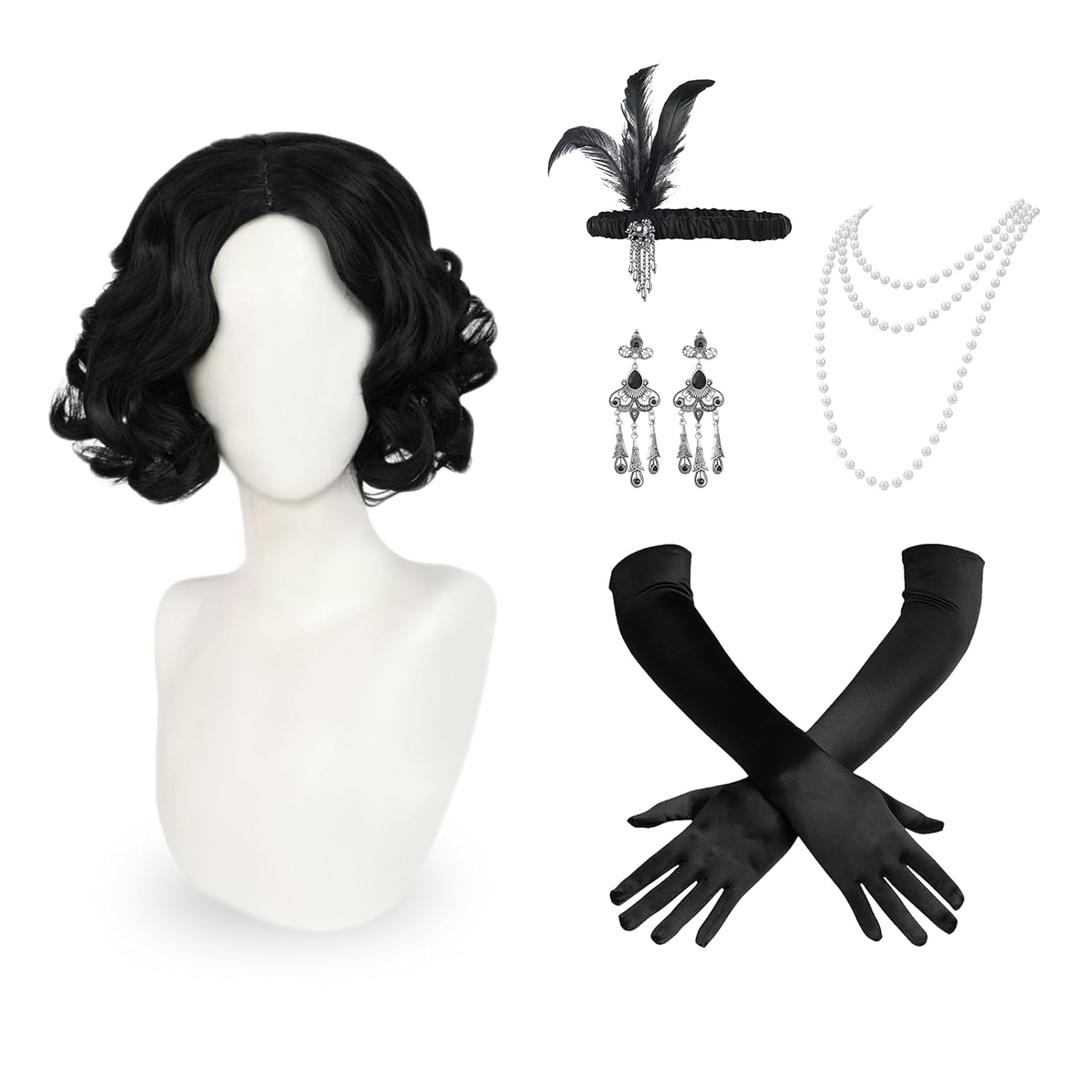 Cute Halloween Party Cosplay Synthetic Wig, 2 Hair Caps + Black Flapper Wig, 1920S Women False Hair, 30S Vintage Rockabilly Short Curly Hairpiece for Party for Women and Teen Girls
