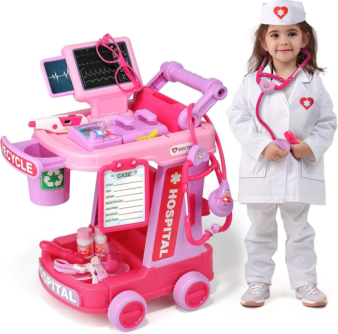 Liberry Doctor Kit for Toddlers Ages 2 3 4 5, Pretend Kids Doctor Playset with Cart, Costume and Stethoscope, Role Play Medical Toys Birthday Gift for Girls Boys (Pink)