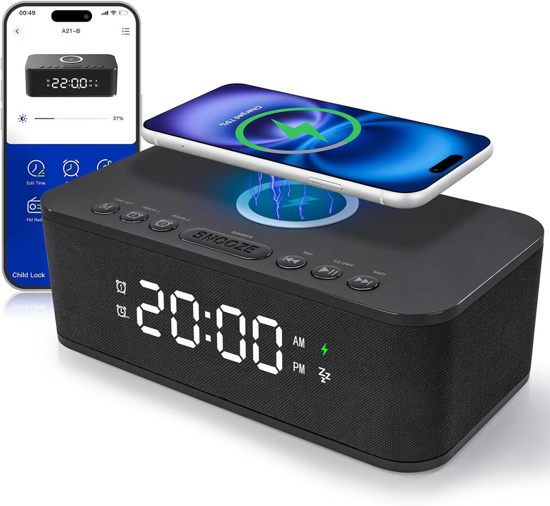 Dual Alarm Clock Radio Bedroom, Digital Alarm Clocks Bedrooms Bluetooth, Up to 10 Bedroom Alarms Clock White Noise 23 Soothing Sounds App/Button Control Snooze 12/24H FM Speaker Charging, Black