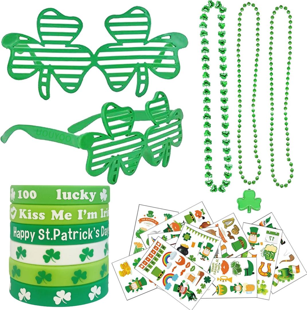 UOUYOO St. Patricks Day Accessories Party Favors Set St. Patrick's Day Accessories Glasses Necklaces Tattoos Bracelets Decorations Supplies