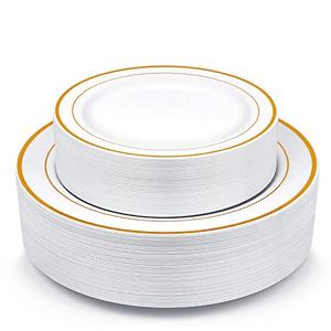 Gold Plastic Plates, MCIRCO 100 Pieces Disposable Party Plates for Weddings, Premium Gold Rim Plates, Include 50 10.25 Inch Dinner Plates and 50 7.5 Inch Dessert Appetizer Plates