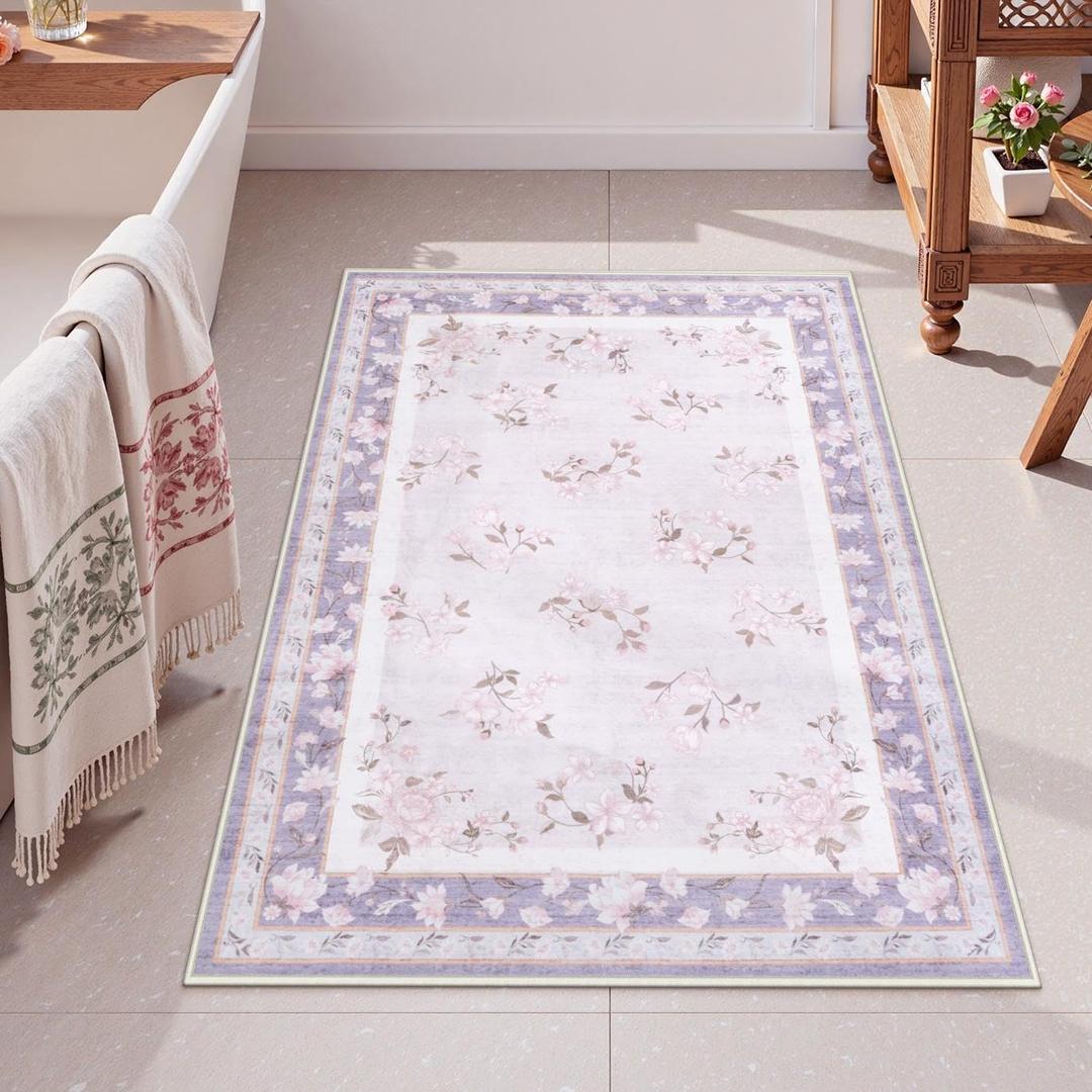 LIVEBOX Floral Washable Rug 2x3, Lavender Bathroom Rugs Non Slip Soft Bedroom French Country Rug, Ultra Thin Flower Small Throw Rug for Entryway Indoor Door Mat for Kitchen, Purple