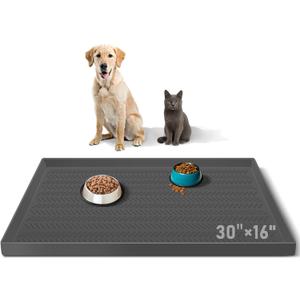 30”x 16” Silicone Dog Feeding Mat, Kalolary Waterproof Pet Feeding Mat with High Raised Edge Avoid Spill Out, Nonslip Dog Bowl Placemats Cat Feeding Mats for Floors Easy to Clean, Grey