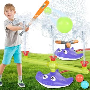2-in-1 Water Sprinkler Baseball Toy Set for Kids, Summer Outdoor Water Game with 2 Sprinkler Heads, 360 Rotating Sprinkler for Backyard Summer Fun