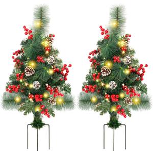 Lulu Home 2 Packs Pre-Lit Christmas Trees with Stake, 2.5FT H 60 LED Lighted Small Xmas Urn Planter Filler with Red Berries Red Balls Pine Cones Lights for Pathway Yard Garden Outdoor Decorations