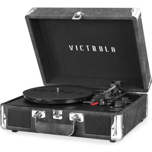 Victrola Journey Bluetooth Portable Suitcase Record Player  with Built-in Speakers, 3 Speed Vinyl Record Player, RCA Out, Headphone Jack (Gray)