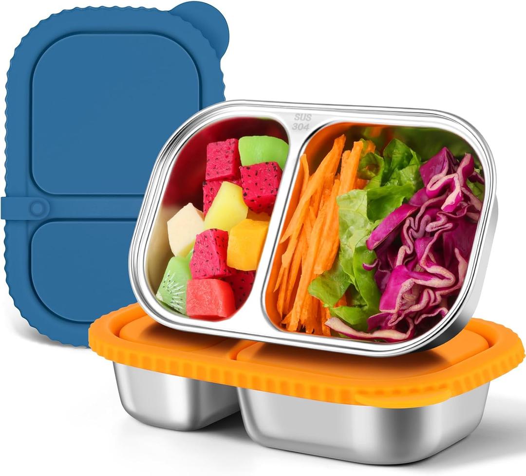 2 Pack Stainless Steel Snack Containers with Silicone Lids, Reusable Stainless Steel Food Containers Snack Box, 2 Compartment Meal Prep Containers for Lunch, Leakproof, Dishwasher Safe
