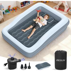 Inflatable Toddler Travel Bed - 64 Inches Grey Kids Air Mattress with Safety Sides & Fast Electric Pump - Portable Toddler Bed for Travel & Camping & Sleeping with Carry Bag